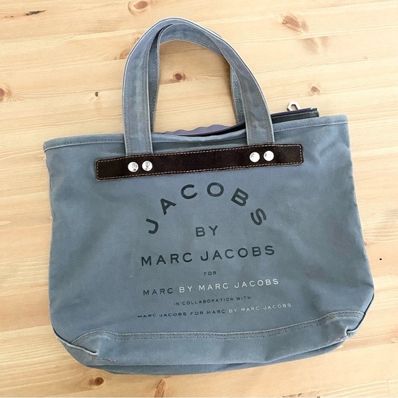 Jacobs by Marc Jacobs Top Zip Canvas Tote Bag Gray Canvas Suede Trim 17” X 11.5” - Picture 1 of 16